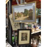 TWO FRAMED PRINTS, ONE SIGNED WITH A CANAL SCENE AND THE OTHER A RURAL STREET SCENE
