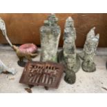 AN ASSORTMENT OF ITEMS TO INCLUDE A FIRE GRATE, A DOOR STOP AND RECONSTITUTED STONE GARDEN FIGURES