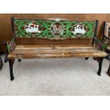 A VINTAGE CHILDS GARDEN BENCH WITH CAST ENDS AND DECORATIVE ANIMAL SCENE BACK