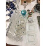 A QUANTITY OF GLASSWARE TO INCLUDE, A VASE, PRESERVE POT, TUMBLERS, CANDLESTICKS, ETC