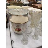 A QUANTITY OF ITEMS TO INCLUDE PLANTERS, GLASS CAKE STAMP, VASES, JUGS, ETC