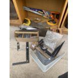 AN ASSORTMENT OF HAND TOOLS TO INCLUDE SAWS, BRACKETS AND NAILS ETC