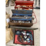 A METABO DRILL AND TWO METAL TOOL BOXES CONTAINING SOCKETS AND SPANNERS ETC