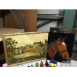 A FRAMED PRINT OF A RIVER SETTING, AN UNFRAMED HORSE PAINTING AND A CARVED WOODEN HORSE WALL HANGING