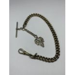 A SILVER WATCH CHAIN WITH T BAR AND A RAMS HEAD FOB
