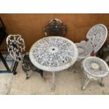 A VINTAGE CAST ALLOY BISTRO SET TO COMPRISE OF ROUND TABLE, THREE CHAIRS AND A STOOL