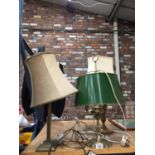 TWO WOODEN AND ONE BRASS TABLE LAMPS, SHADES A/F