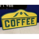 A HAND PAINTED YELLOW AND GREEN COFFEE SIGN 102CM X 50CM