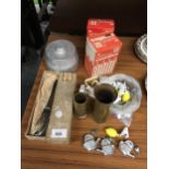TWO TRENCH ART MILITARY SHELLS, CANDLES, A TOBACCO TIN, BOX OF FORKS AND DECORATIVE CLIPS