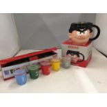 A BOXED DENNIS THE MENACE MUG AND FIVE MINI THUNDERBIRDS GLASSES