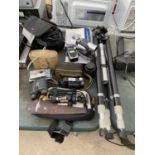AN ASSORTMENT OF PHOTOGRAPHY EQUIPMENT TO INCLUDE A SONY CYBERSHOT CAMERA, A HITACHI DVD CAMCORDER