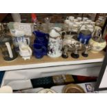 A QUANTITY OF ITEMS TO INCLUDE JUGS, WEDGWOOD BISCUIT BARREL, CROWN DEVON BISCUIT BARREL,