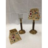 A PAIR OF TWO TONE BRASS AND BRONZE CABARET TABLE LAMPS WITH GLASS TEALIGHT HOLDER WHICH CAN BE