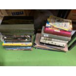 AN ASSORTMENT OF VINTAGE HARDBACKS TO INLCUDE COOKERY BOOKS, SEWING, WORLD ATLAS'S, ANTIQUES BOOKS