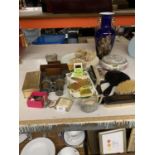 A MIXED LOT OF ITEMS TO INCLUDE VINTAGE BINOCULARS, BRUSHES, VASE, PLATES, TINS, SLIDES OF JAPAN,