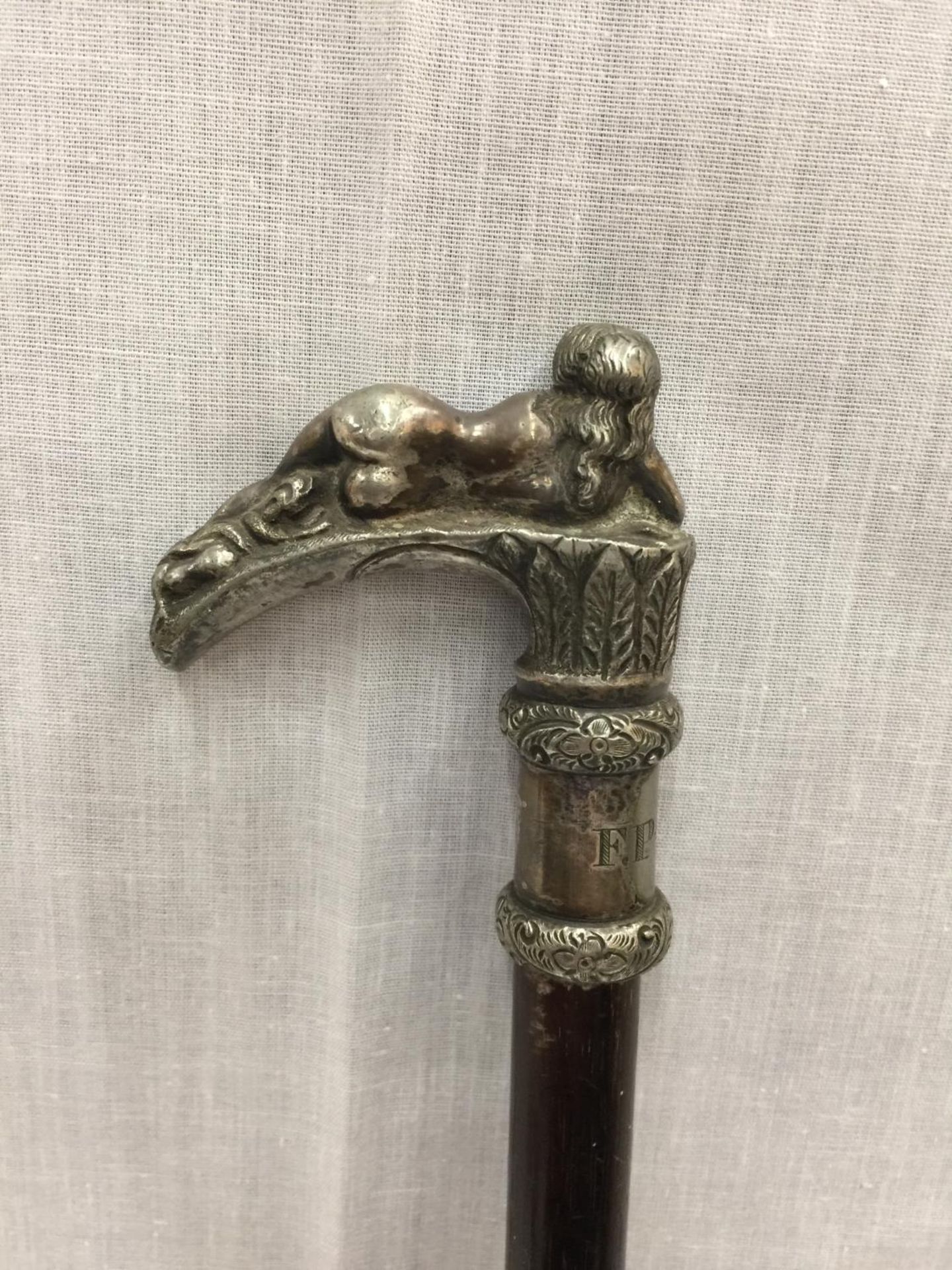 AN EBONISED WALKING STICK WITH A WHITE METAL HANDLE DEPICTING A NUDE LADY - Image 3 of 4