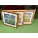 THREE PINE FRAMED WATERCOLOURS OF A COUPLE HAND IN HAND WALKING DOWN A BEACH SIGNED G HEATON