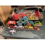 A LARGE QUANTITY OF CHILDRENS WOODEN TRAIN TRACK AND VEHICLES ETC