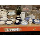 A QUANTITY OF BLUE AND WHITE PLATES, CUPS, JUGS, ETC