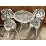 A VINTAGE CAST ALLOY BISTRO SET COMPRISING OF ROUND TABLE AND TWO CHAIRS