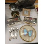 VARIOUS ITEMS TO INCLUDE TWO SILVER PLATED CIGARETTE BOXES, SIX FORKS, A TAXIDERMY BUTTERFLY,