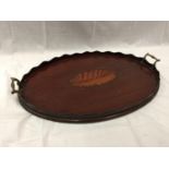 A VINTAGE INLAID MAHOGANY GALLERIED TRAY