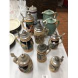 A QUANTITY (8) OF VARIOUS SIZED STEINS WITH PEWTER LIDS, ALSO A DENBY COFFEE POT AND TEAPOT