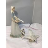 TWO LLADRO ITEMS TO INCLUDE A GIRL WITH A GOOSE AND A PUPPY AND A FURTHER GOOSE