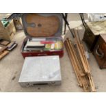 A LARGE ASSORTMENT OF ARTISTS ITEMS TO INCLUDE AN EASLE, A PAINT PALET AND PAINT ETC
