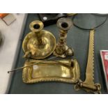 VINTAGE BRASSWARE TO INCLUDE TWO CANDLESTICKS, CANDLE SNUFFERS, TRAY, ETC