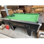 A BARLINE PUB POOL TABLE WITH BALLS AND TRIANGLE, COIN MECHANISM AND KEY BELIEVED IN WORKING ORDER