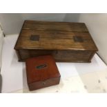 AN OAK DOCUMENT BOX WITH BRASS HINGES AND HANDLES, OPENS FROM THE TOP. HAS ORIGINAL WORKING KEY.