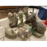 AN ASSORTMENT OF RECONSTITUTED STONE GARDEN FIGURES TO INCLUDE A DUCK, FOXES AND OTTERS ETC