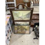 A DECORATIVE FIRE SCREEN/FOLDING SHELF AND A FRAMED PRINT