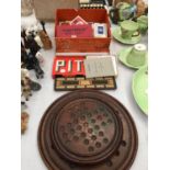 A COLLECTION OF GAMES TO INCLUDE TWO WOODEN SOLITAIRE BOARDS, DARTS, CARDS, CRIBBAGE BOARD, ETC