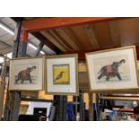 TWO FRAMED IMAGES OF ELEPHANTS ON FABRIC AND A FRAMED PRINT OF A BIRD