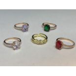 FIVE MARKED SILVER 925 DRESS RINGS WITH COLOURED STONES