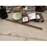 AN ASSORTMENT OF ITEMS TO INCLUDE PRINTS, CURTAIN POLES AND A TRAY ETC