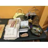 A QUANTITY OF LINEN NAPKINS, TABLE CLOTHS, ETC, BOXED COSTUME JEWELLERY, BAGS, ETC