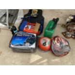 AN ASSORTMENT OF ITEMS TO INCLUDE CAR MATS, SEAT COVERS, A FIRE BELL AND JUMP LEADS ETC