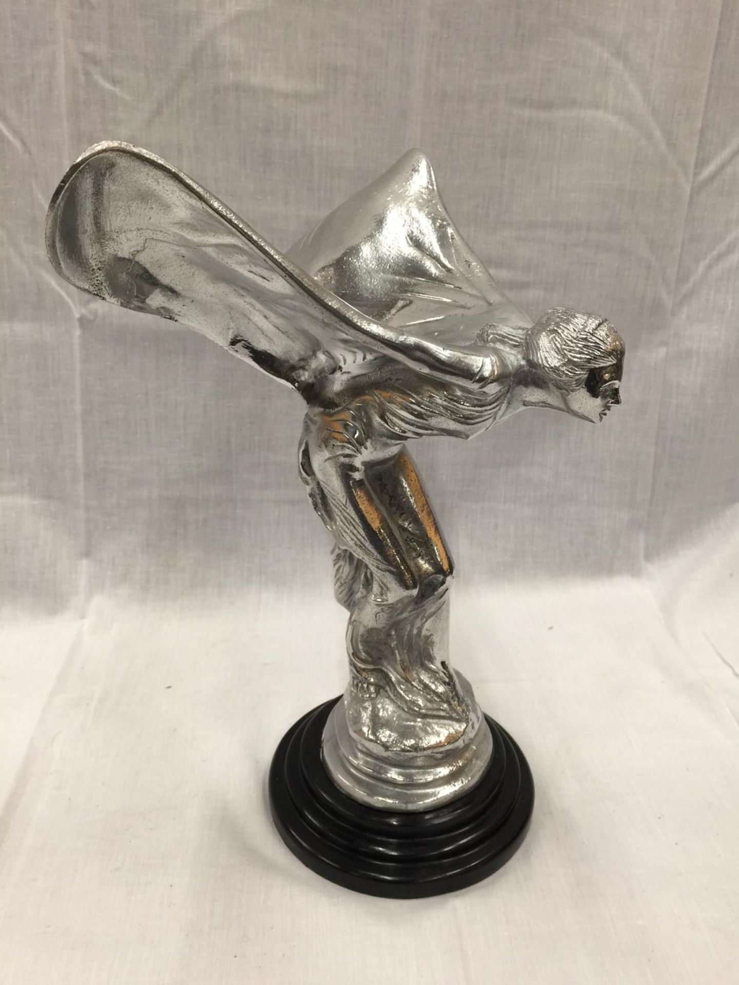 A LARGE CHROME SPIRIT OF ECSTACY ON A MARBLE BASE 37CM TALL