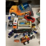 A QUANTITY OF VEHICLES TO INCLUDE DIE-CAST CARS, TRUCKS, ETC