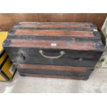 A VINTAGE DECORATIVE WOODEN TRAVEL TRUNK