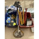 A LARGE ASSORTMENT OF ITEMS TO INCLUDE RATCHET STRAPS, A WORK LIGHT WITH TRIPOD BASE AND TWO FURTHER
