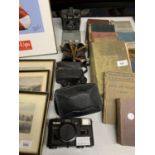 FOUR ITEMS TO INCLUDE TWO VINTAGE CAMERAS AND TWO PAIRS OF VINTAGE BINOCULARS