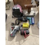 A LARGE ASSORTMENT OF TOOLS TO INCLUDE A HONEYWELL HEATER, A DRILL AND A BATTERY POWERED JIGSAW ETC