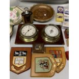 A QUANTITY OF TREEN ITEMS TO INCLUDE A METAMAC BRASS CLOCK AND BAROMETER, SHIELDS, HIP FLASK, BOWL