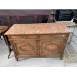 A 19TH CENTURY STYLE CONTINENTAL SIDE CABINET WITH MARBLE TOP A/F, 50" WIDE