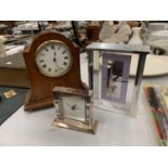 AN OAK INLAID MANTLE CLOCK, PLUS TWO OTHER MANTLE CLOCKS