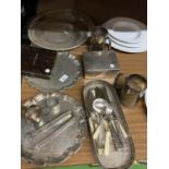 A QUANTITY OF SILVER PLATE ITEMS TO INCLUDE TRAYS, SUGAR NIPS, BOX, ETC